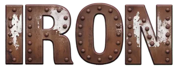 IRON in a riveted rusty iron font